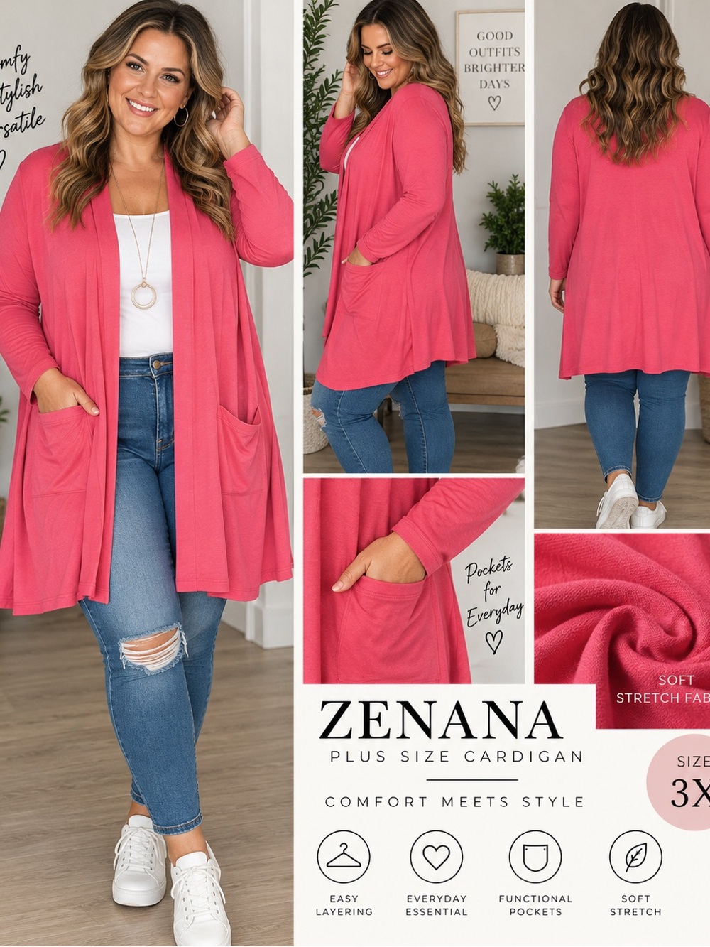 Zenana Outfitters Plus Size Open-Front Cardigan in Coral Pink